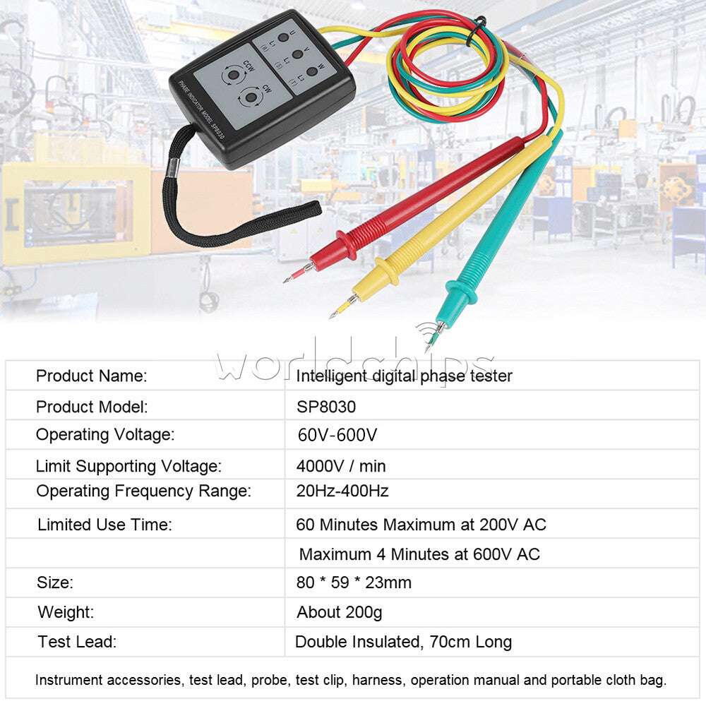 SP8030 Smart LED 3 Phase Indicator Tester Detector Meter AC Phase Sequence Meter