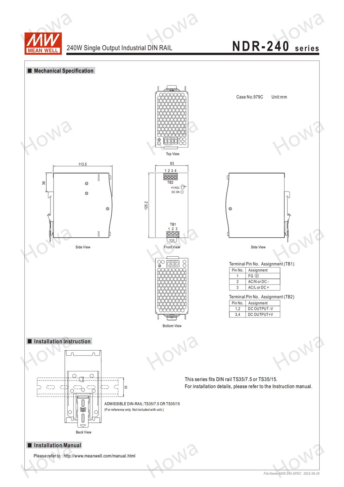 Mean Well NDR-240-24 Industrial DIN rail power supply 24V 10A 240W
