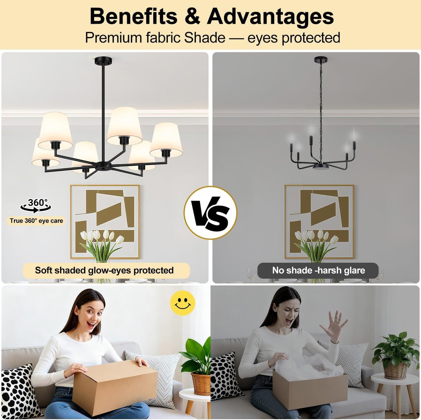 36 Inch Black 6-Light Chandelier, White Fabric Shade, No Assembly Required