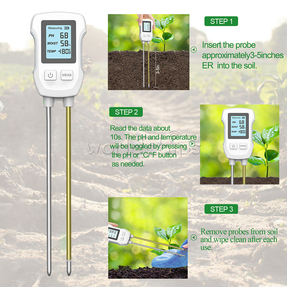 3 in 1 Soil PH Tester LCD Screen Soil Temperature Humidity Meter Garden Planting