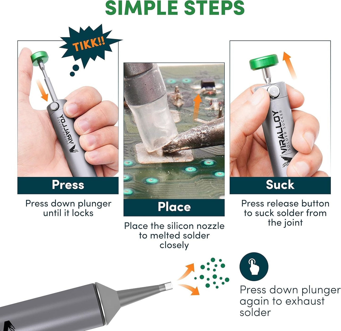 Solder Sucker Tool No Clog Silicone-Tip Manual Desoldering Pump Soldering Access