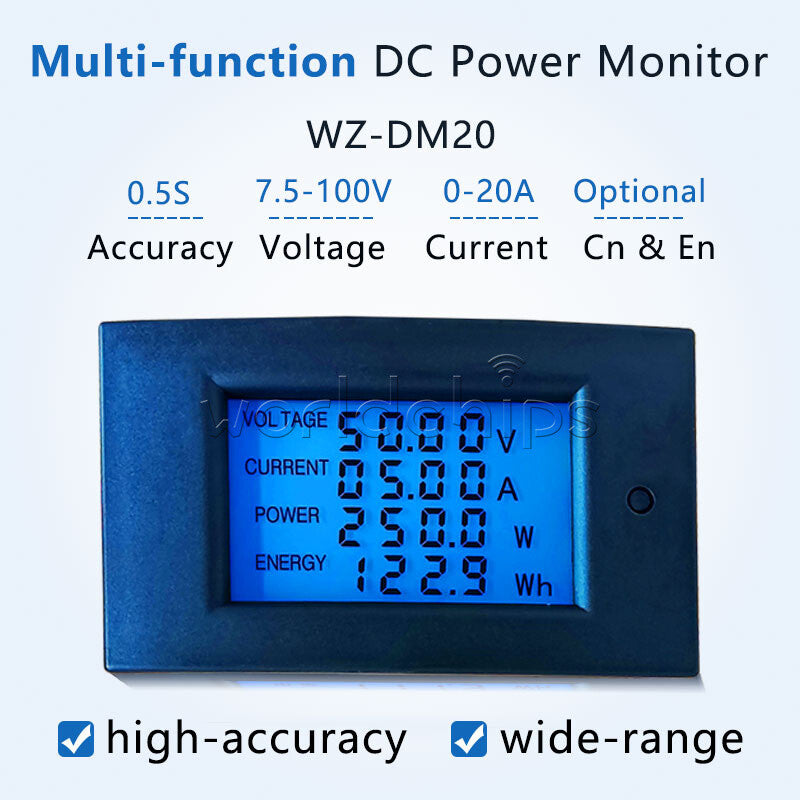 DC Power Monitor Digital Display 100V/20A Voltage Current Power Energy Meter