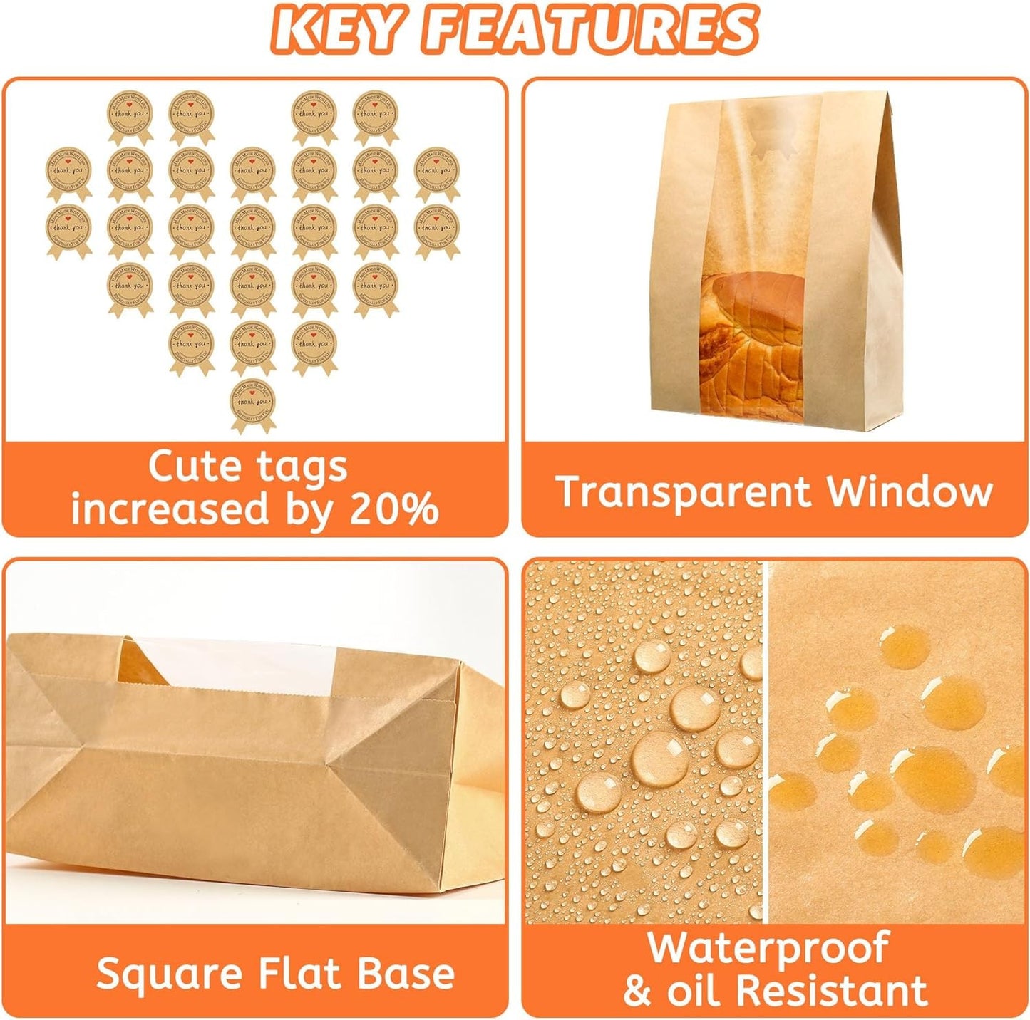 50-Pack Bread Bags with Window, 13.7x8.2x3.7in,Thick Paper,with Sealing Stickers