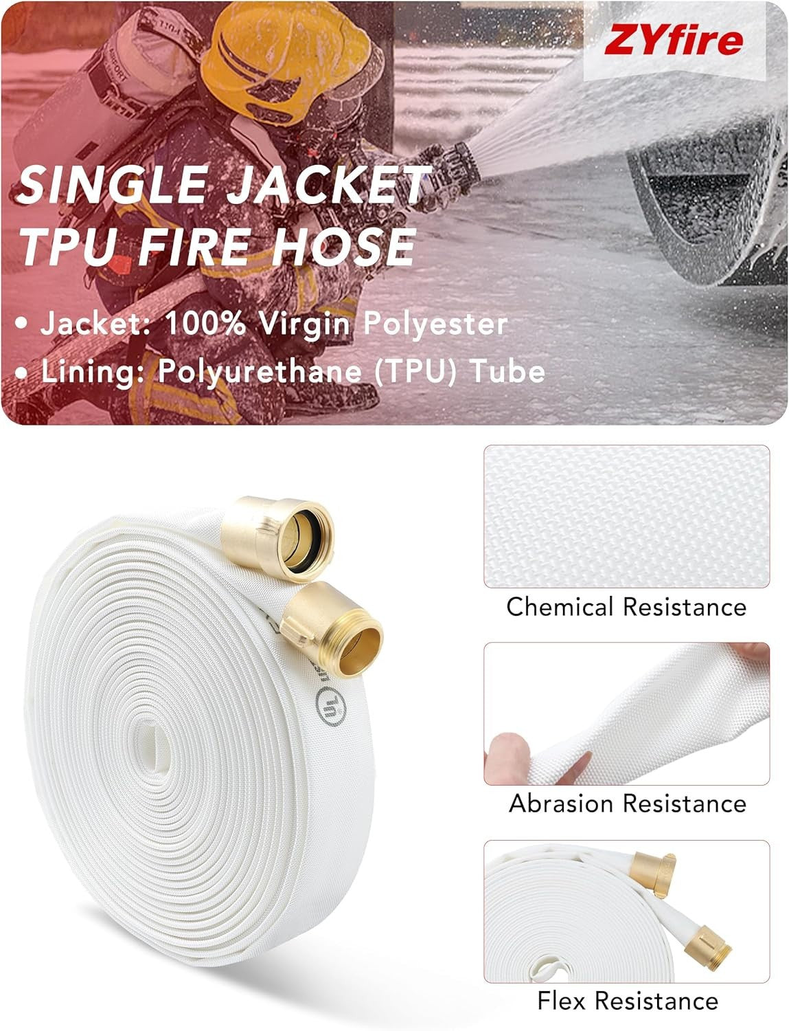 2" x 100 FT Fire Hose, TPU Single Jacket, Brass Couplings 750 PSI