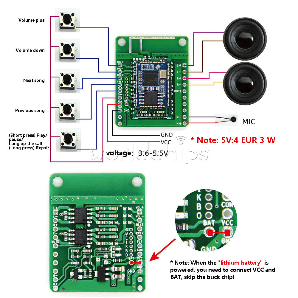 3W Bluetooth5.0 Audio Module 3.6-5.5V For APTX APTXHD Audio Amplifier Board