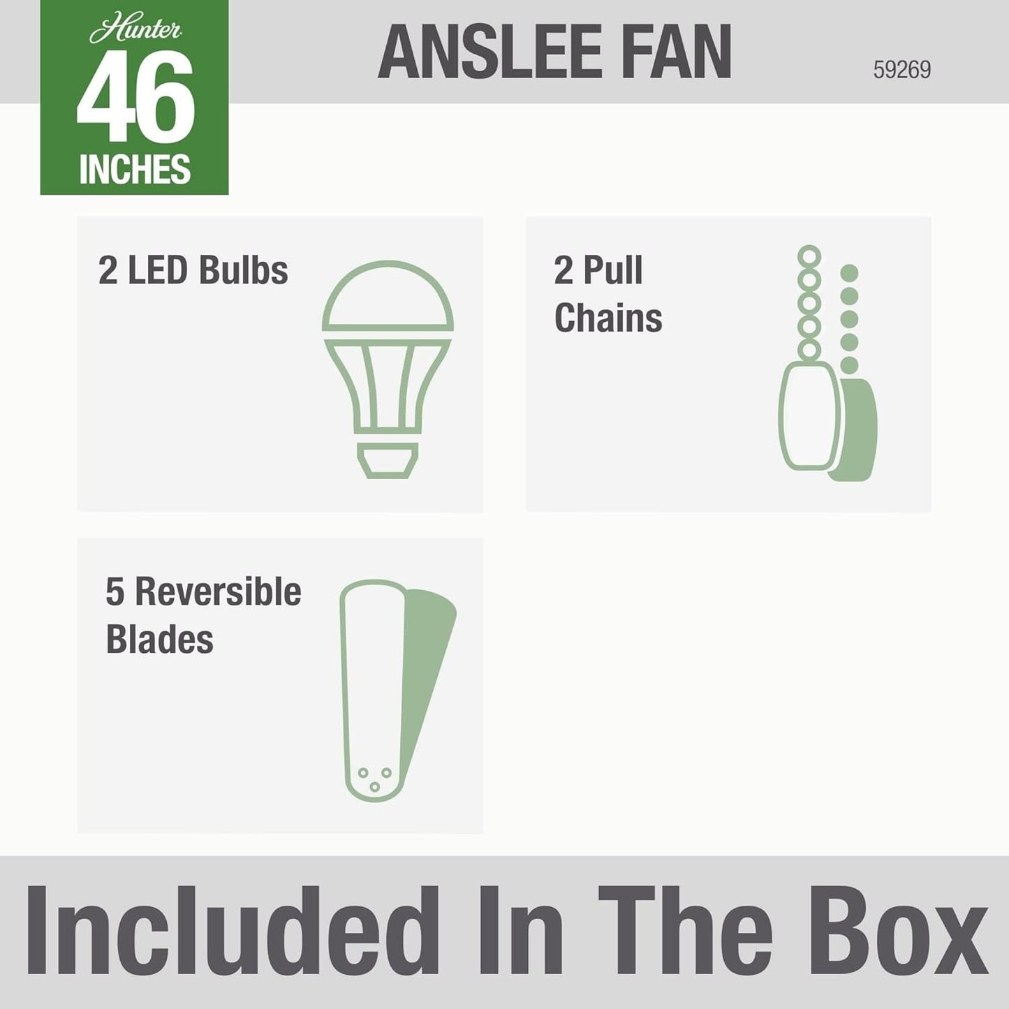 46 Inch Indoor Ceiling Fan with LED Light, Anslee 59269, White, Pull Chain