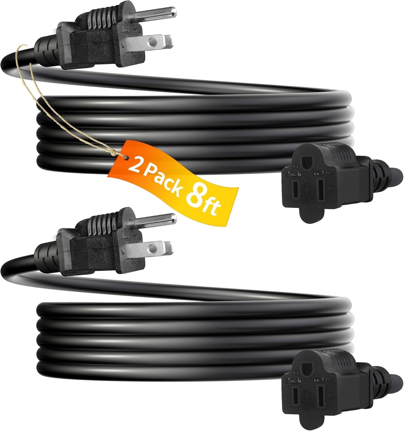 2 Pack 8FT Extension Cord 3 Prong 16 Gauge AWG Heavy Duty Power Cord, NEMA 5-15P