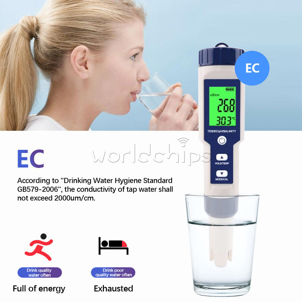 5in1 TDS/EC/PH/Salinity/Temperature Meter Digital Water Quality Monitor Tool