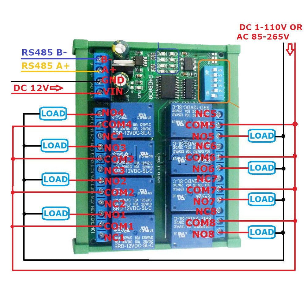 DC12V 8 Channel RS485 Relay Module Modbus RTU Board Controller +DIN rail Case