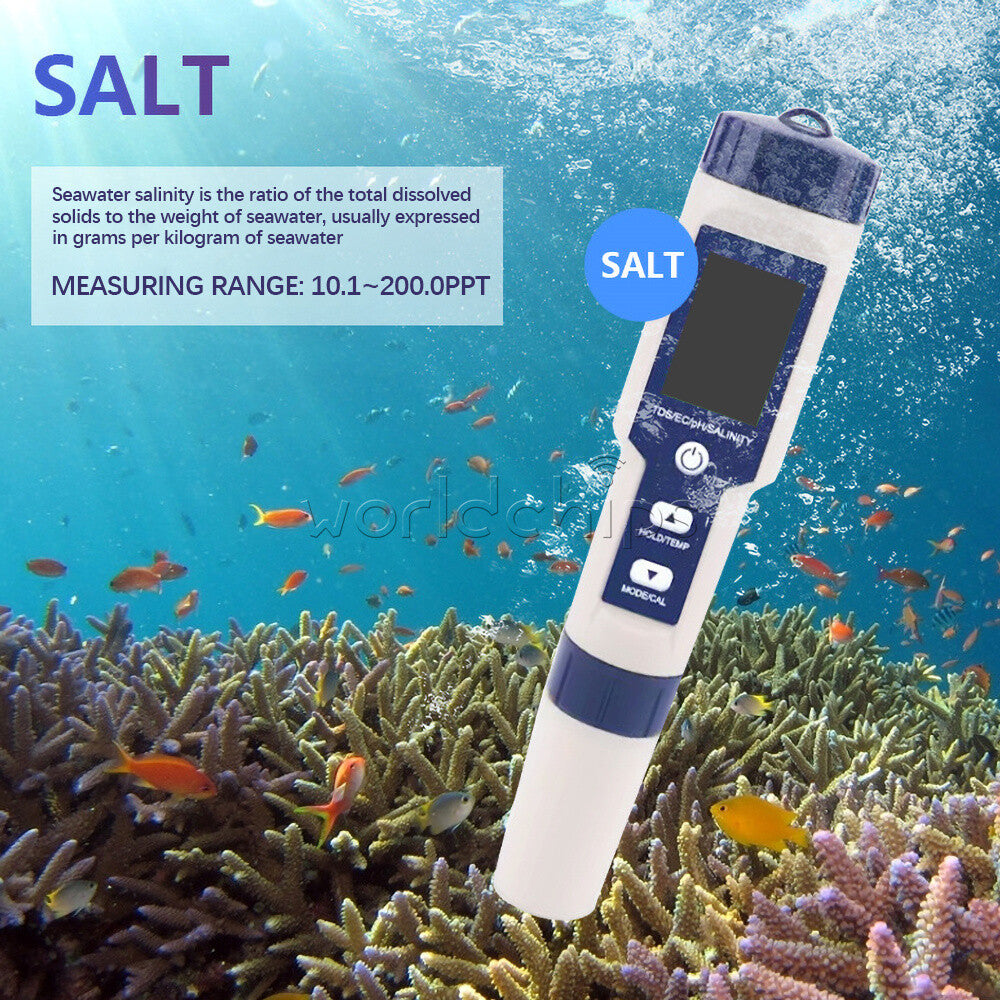 5in1 TDS/EC/PH/Salinity/Temperature Meter Digital Water Quality Monitor Tool