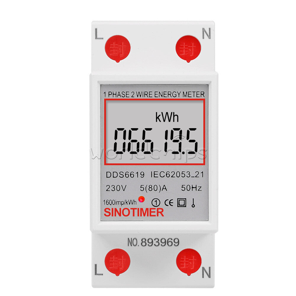 DDS6619 5-80A 230V LCD Digital Single Phase Energy Watt KWh Meter DIN Rail Mount