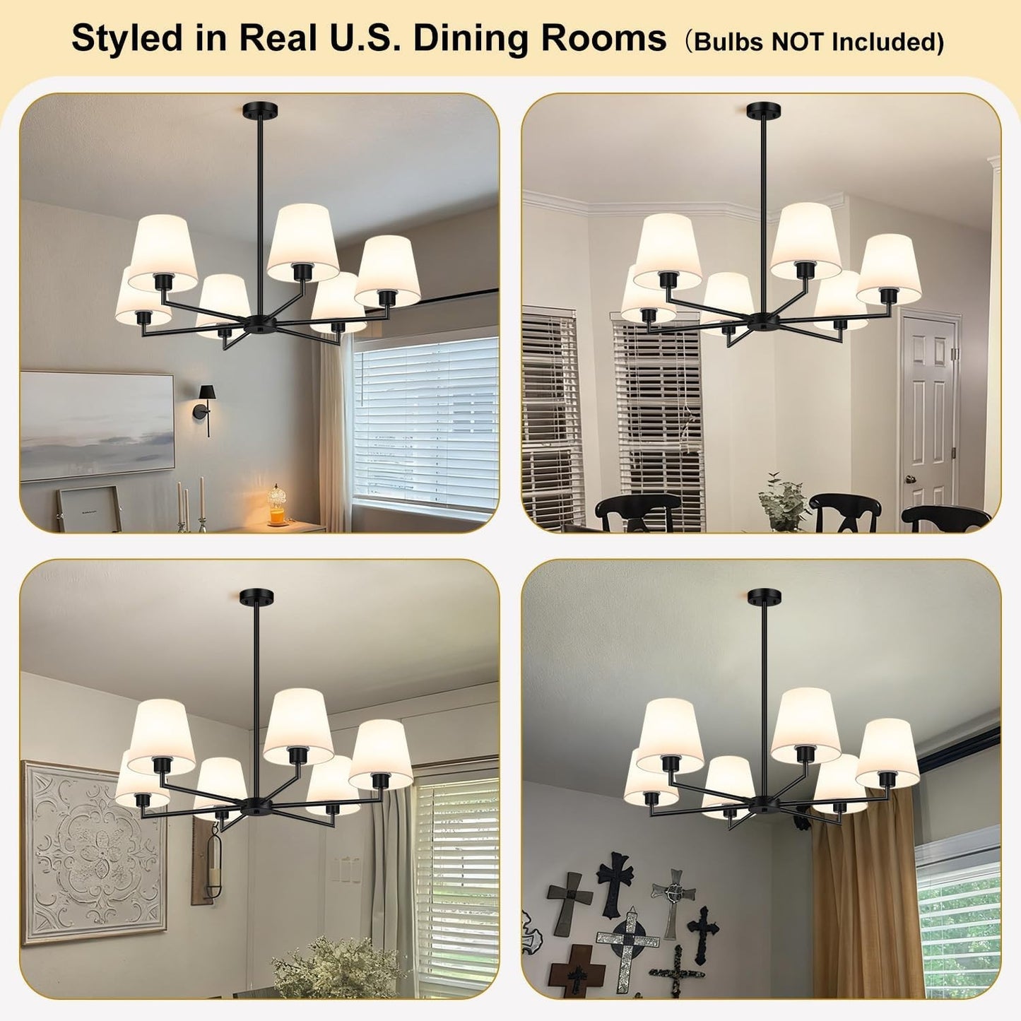 36 Inch Black 6-Light Chandelier, White Fabric Shade, No Assembly Required