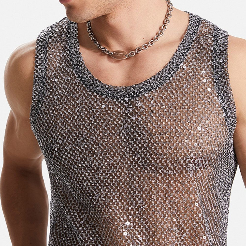 Men's Black Fishnet Party Tops Sexy Glitter Sheer See Through Tank Sizes S 3XL