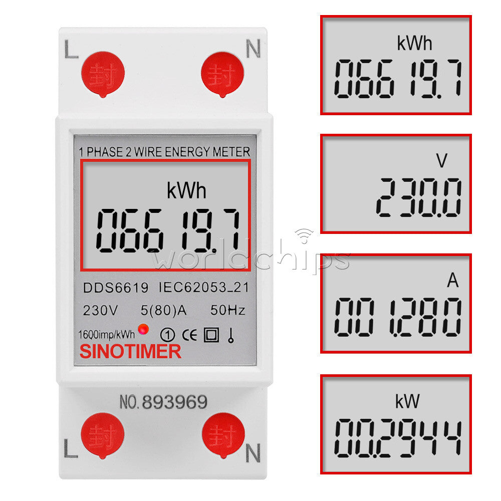 DDS6619 5-80A 230V LCD Digital Single Phase Energy Watt KWh Meter DIN Rail Mount