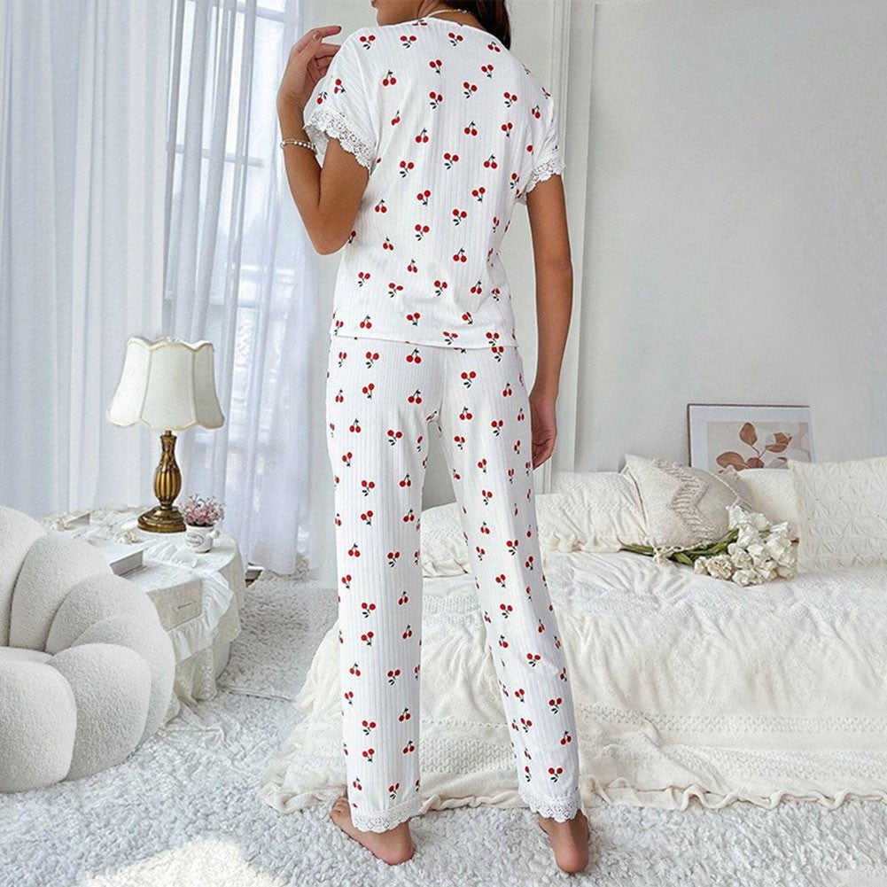Women Lace Trim Short Sleeve Top Long Pants For Cherry Print 2 Piece Pajama Set
