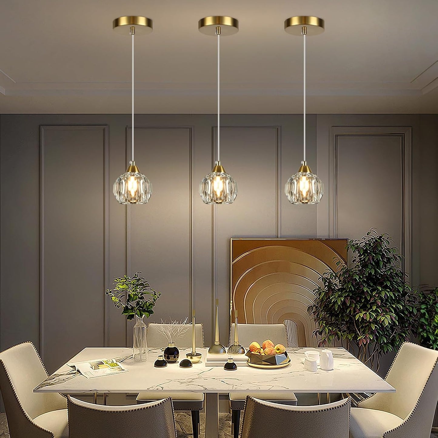 3-Pack Gold Crystal Chandeliers, Modern Pendant Light for Dining Room