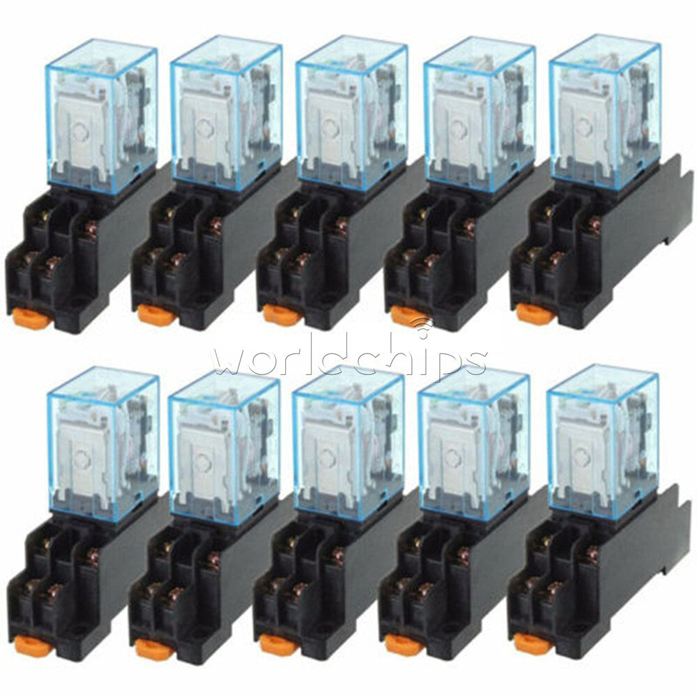 10PCS DC12V DC Coil Power Relay LY2NJ DPDT 8 Pin HH62P JQX-13F With Socket Base
