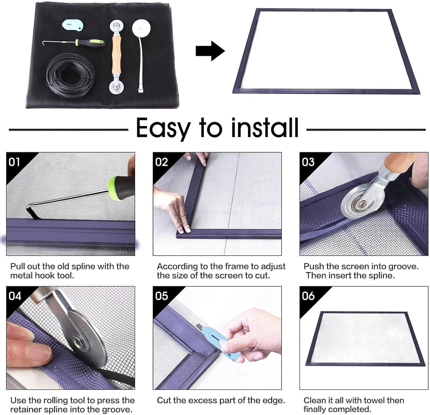 Windows Screen and Screen Door Repair Kit, 48"X118" Charcoal Fiberglass Mesh wit