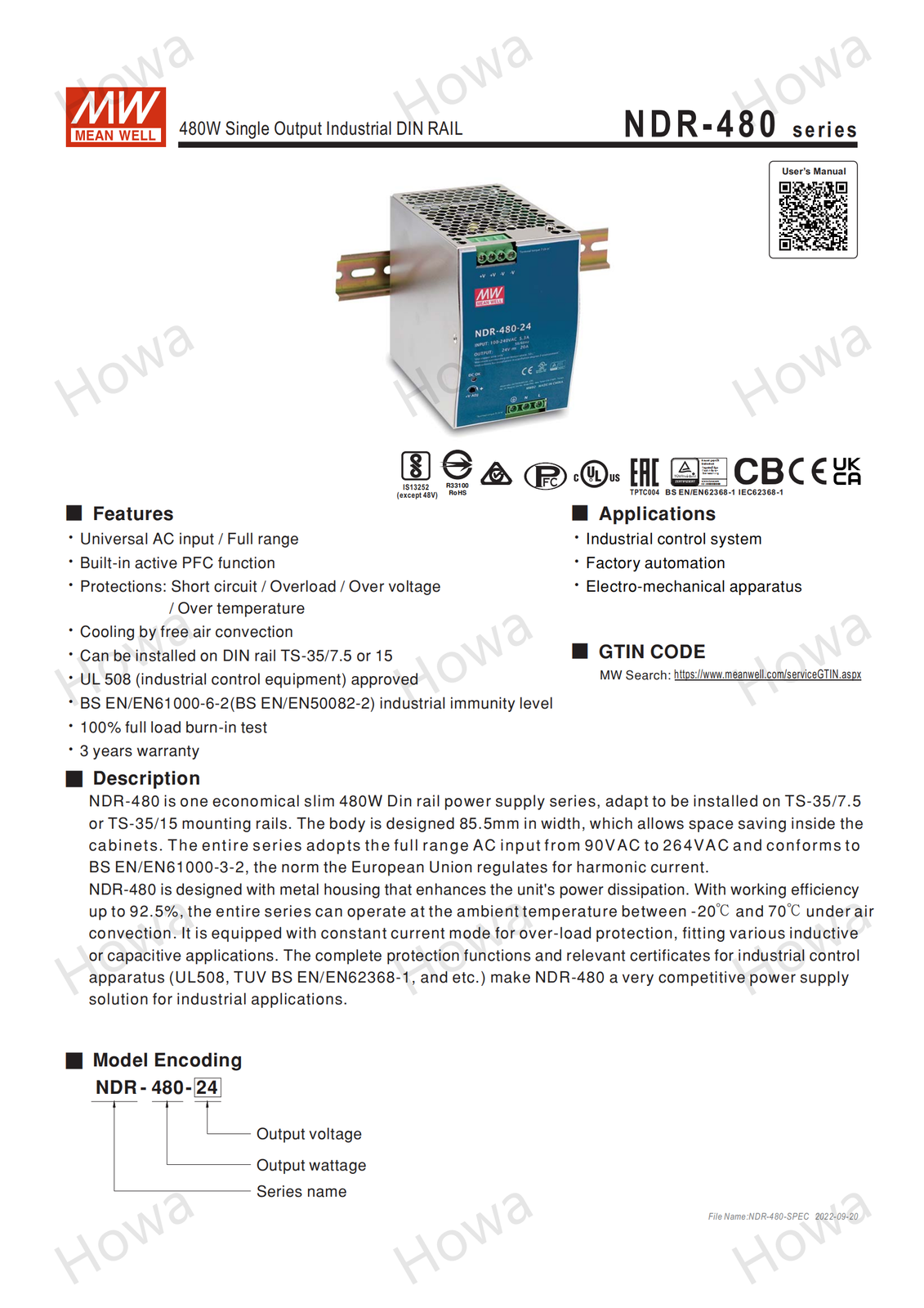Mean Well NDR-480-48 Industrial DIN rail power supply ping