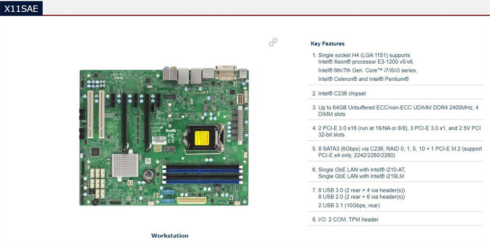 1/piece Supermicro X11SAE Workstation Server Motherboard 1151-pin C236 Chip