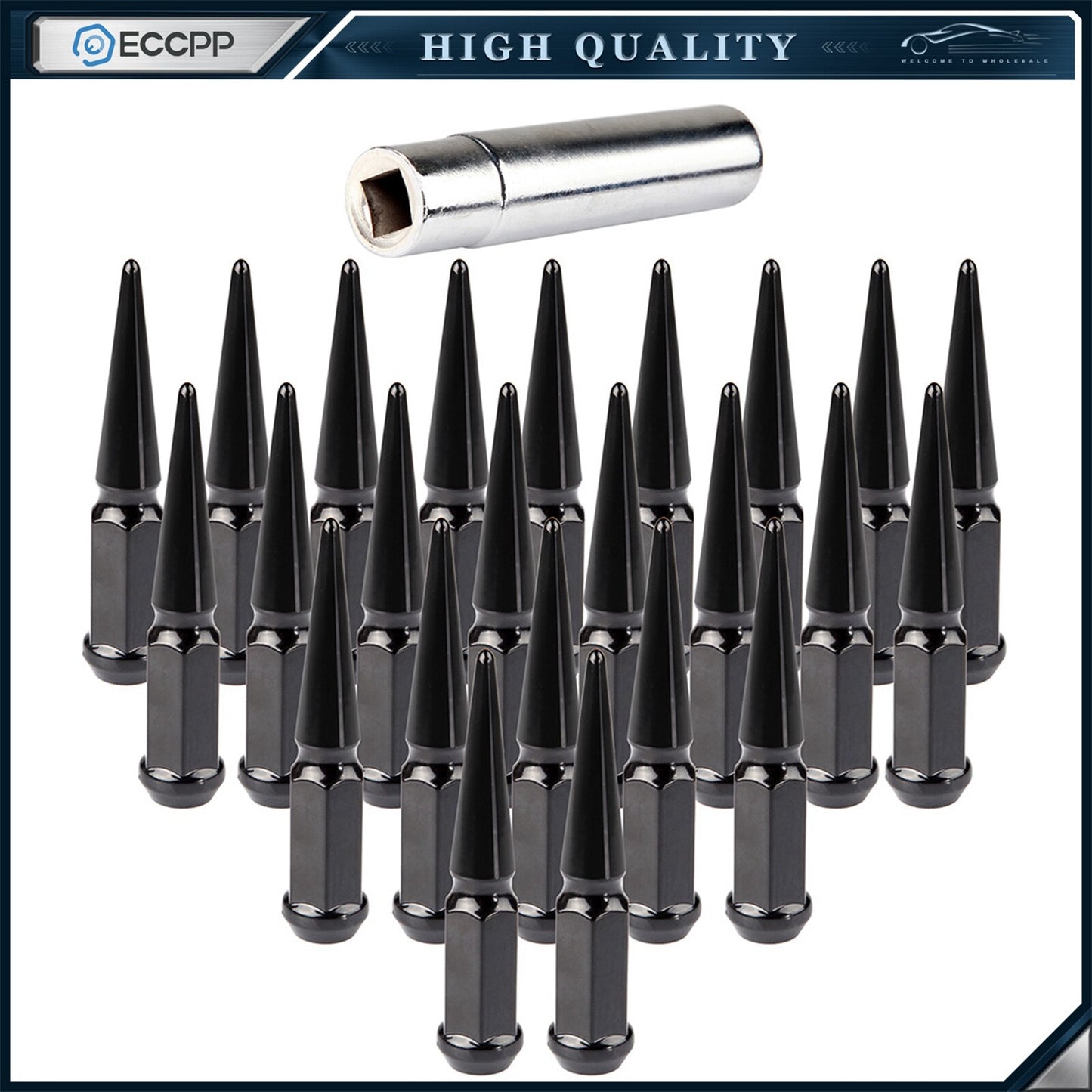 24 Pcs Black 14x1.5 Spike Lug Nuts 1 Key Fits Ram 1500 Ford Chevrolet Silverado