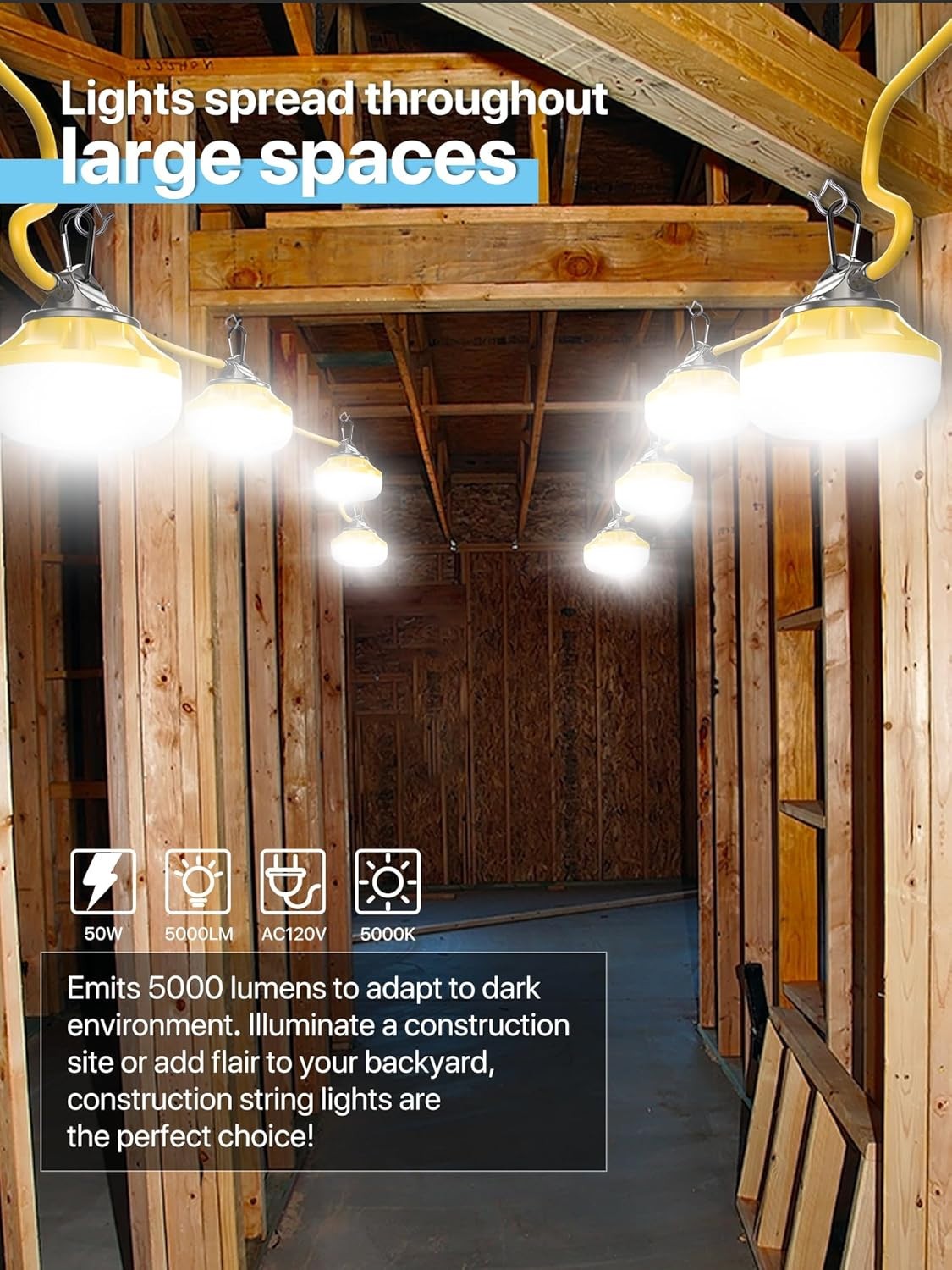 50FT Construction String Lights, 5 Bulbs, IP65 Waterproof, Linkable