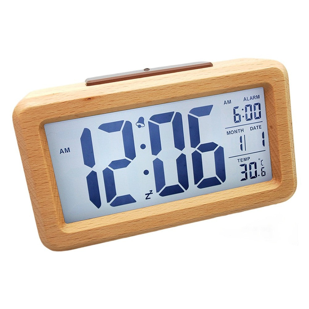 Wooden Digital Alarm Clock with Temperature Display for Home and Office