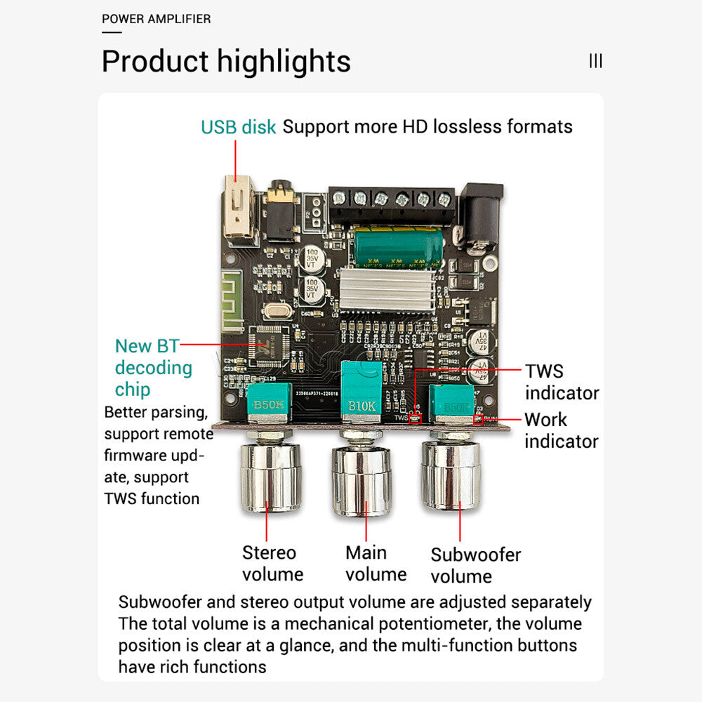 ZK-LT22/ZK-LT23 2.1CH Bluetooth Audio Power Amplifier Board Module TWS Wireless