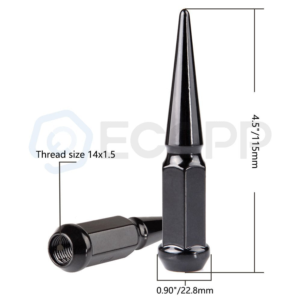 24 Pcs Black 14x1.5 Spike Lug Nuts 1 Key Fits Ram 1500 Ford Chevrolet Silverado