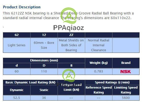 1PC NSK 6212 ZZ Deep Groove Radial Ball Bearing 60x110x22mm. #P