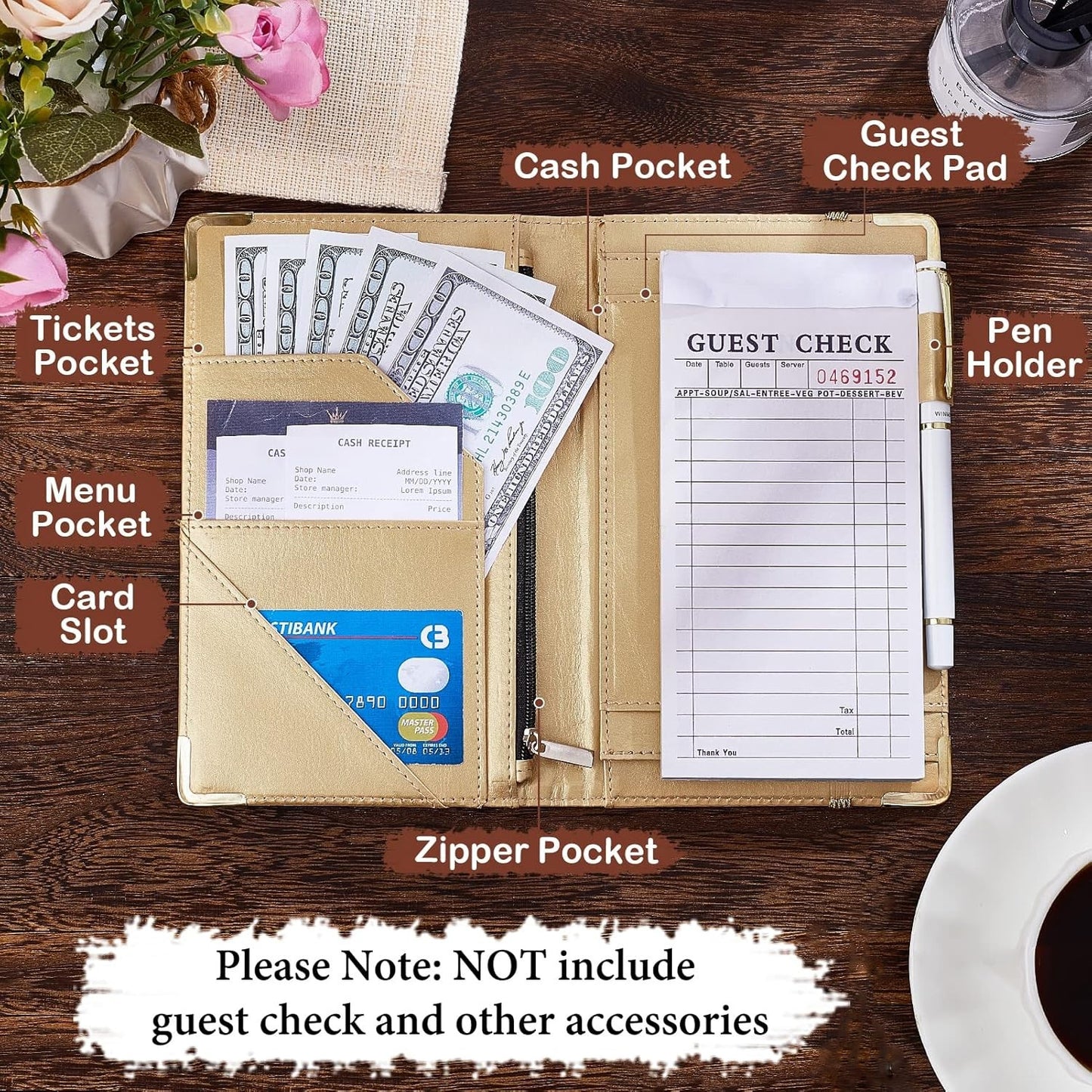 Alphabet Server Book for Waitress, Leather with Zipper Pocket, Fits Server Apron