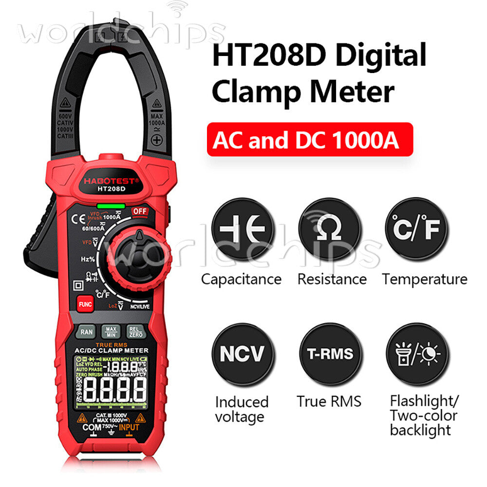 HABOTEST HT208A/D AC/DC Digital Clamp Meter Multimeter Capacitance Ohm Hz Tester