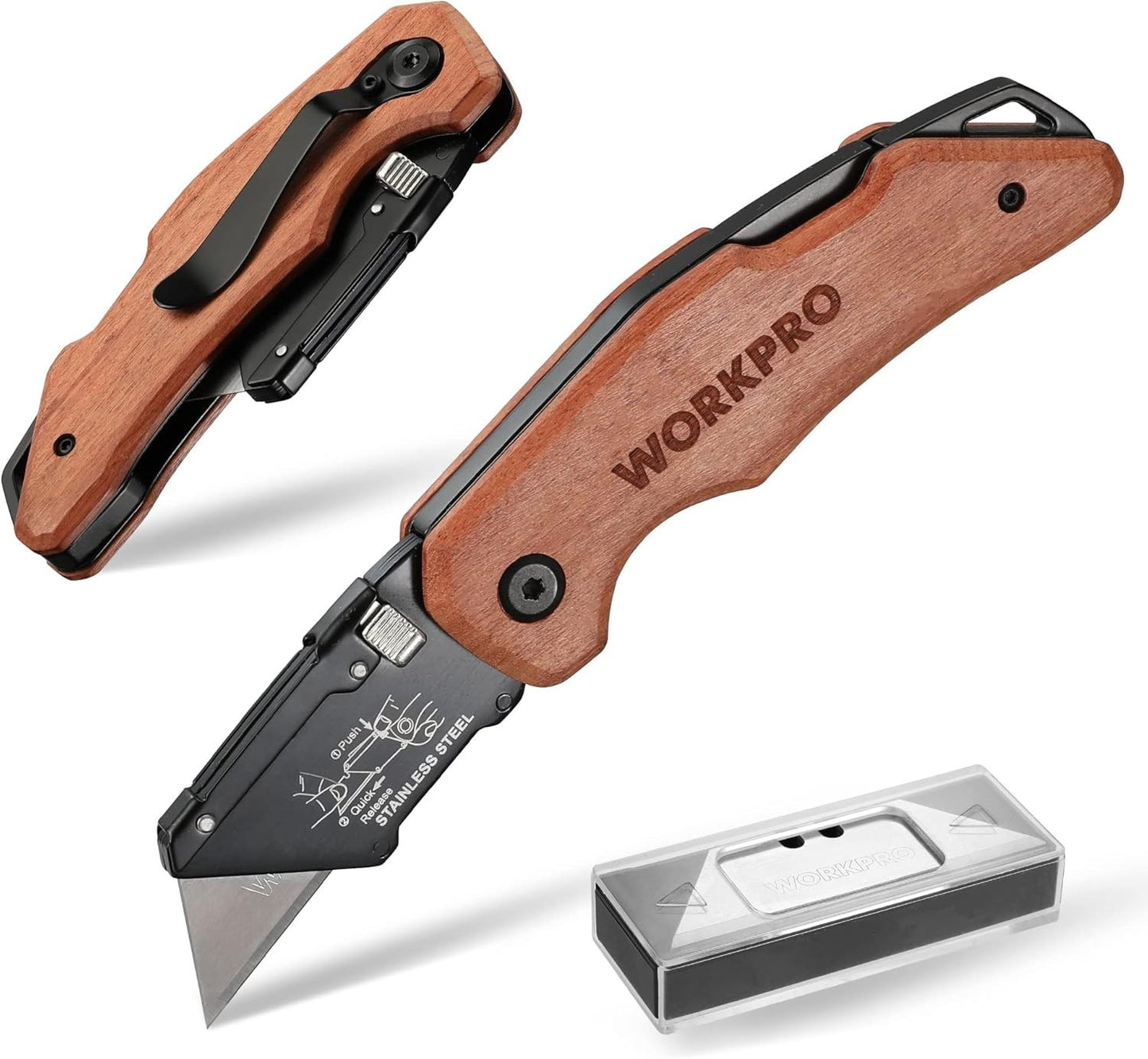 Folding Utility Knife with Stainless Steel Head, Quick-Change Blade & Back Lock,