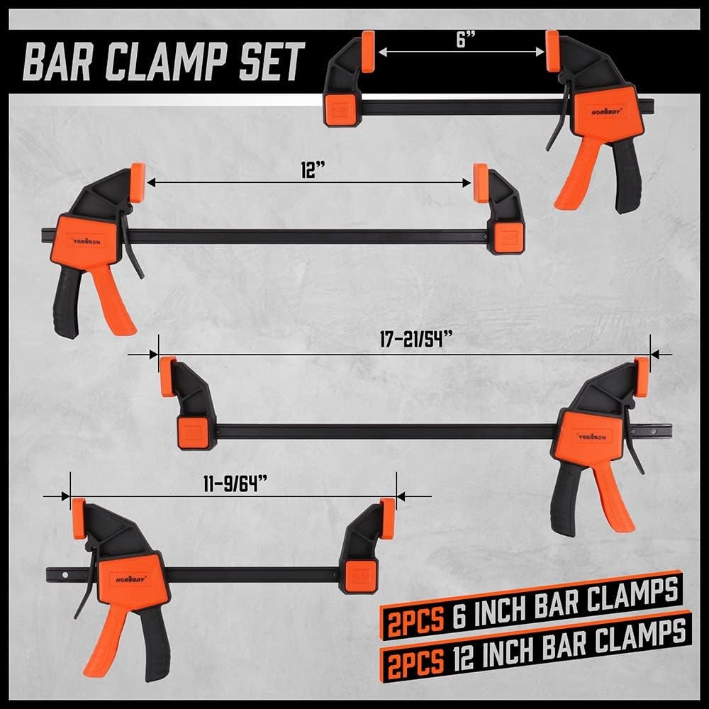 6-Pack Wood Clamps for Woodworking, 12" and 6" Bar Clamps, Wood Working Clamp Se