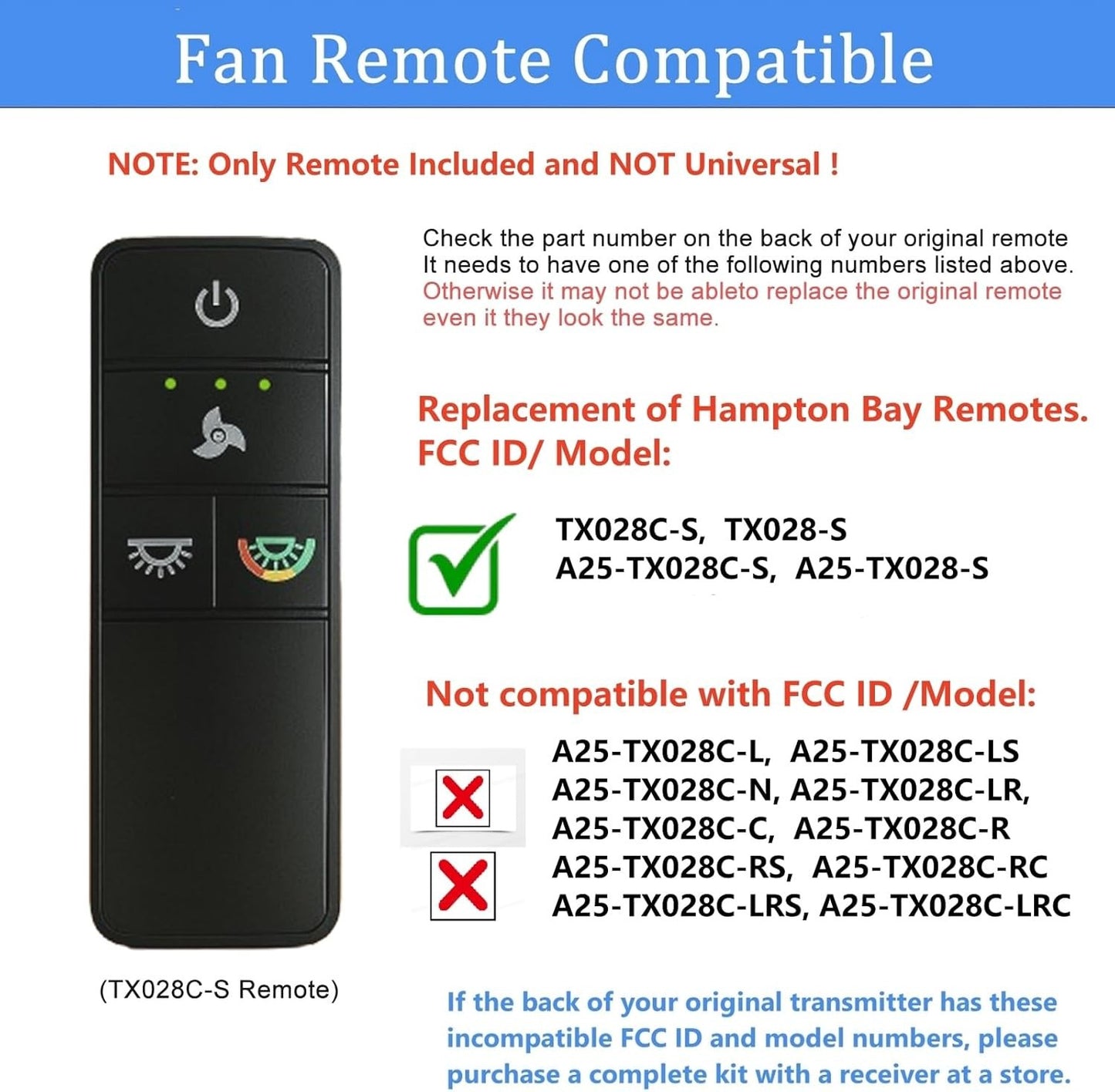 Ceiling Fan Remote Control Replacement, 3-Speed & Dimmer, 4 Dip Switches