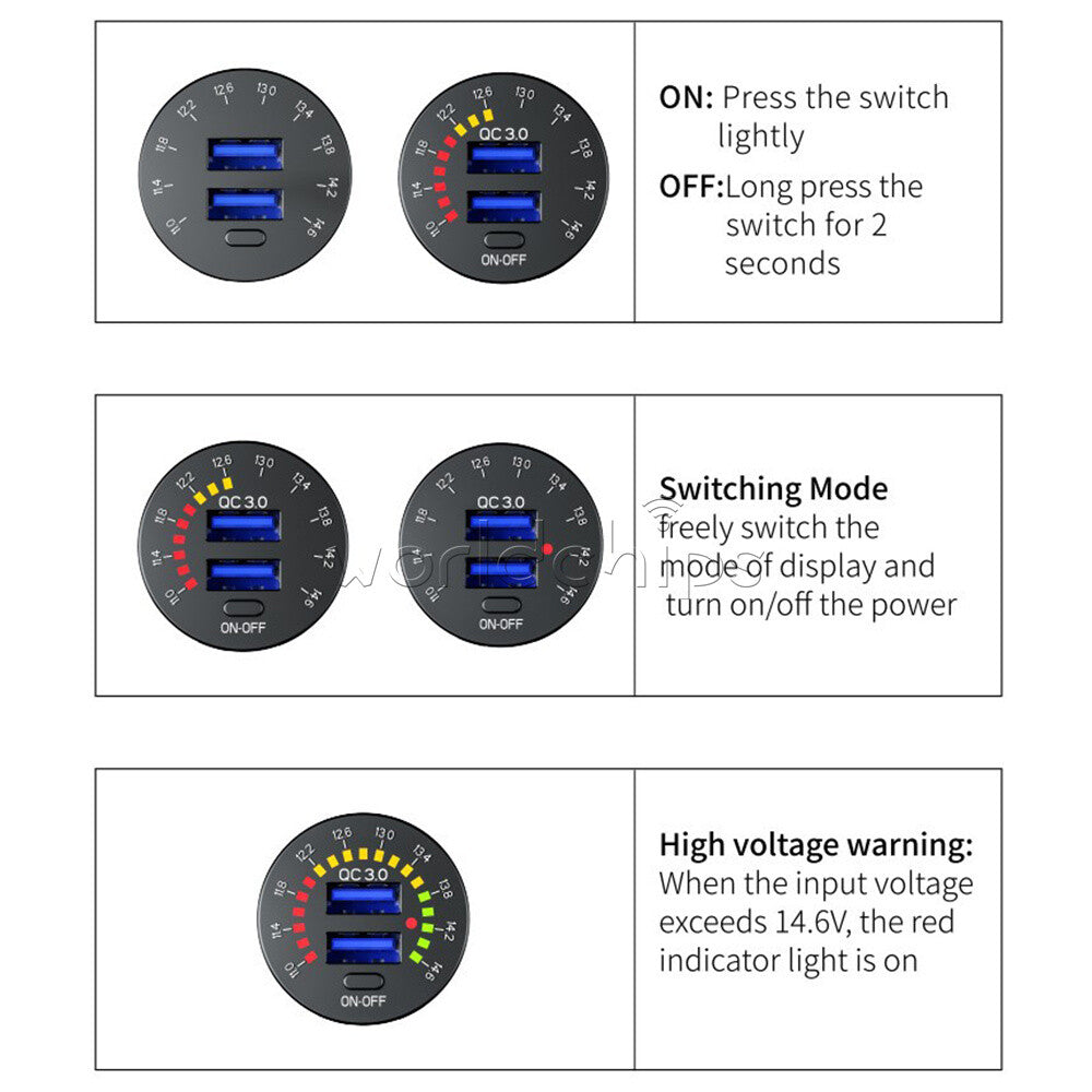 QC3.0 Dual-USB Car Charger Socket LED Digital Voltmeter Voltage Meter DC12V~24V