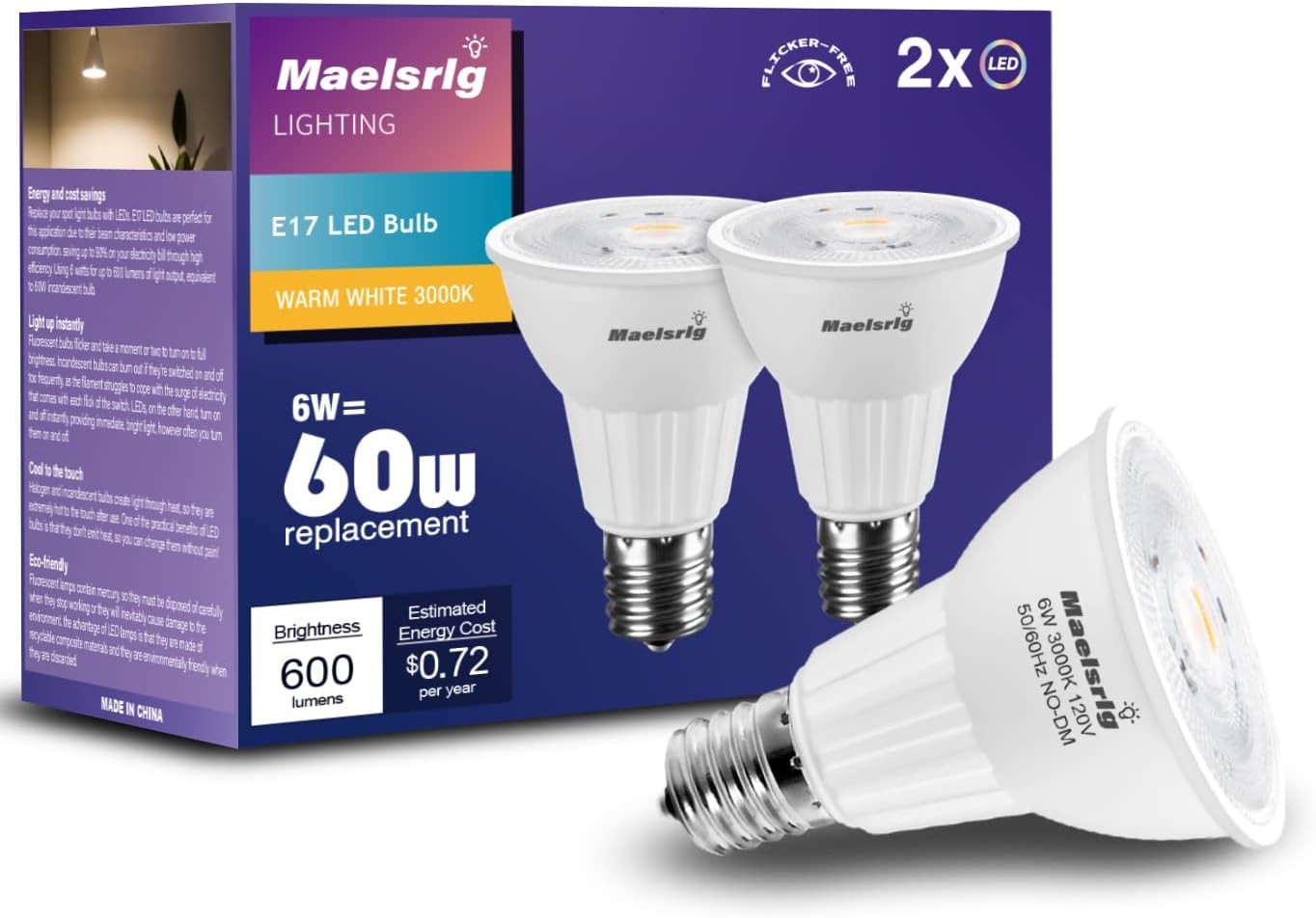 E17 LED Bulb 6W(60 Watt Equivalent), Intermediate Base Spotlight Bulb, Warm Whit