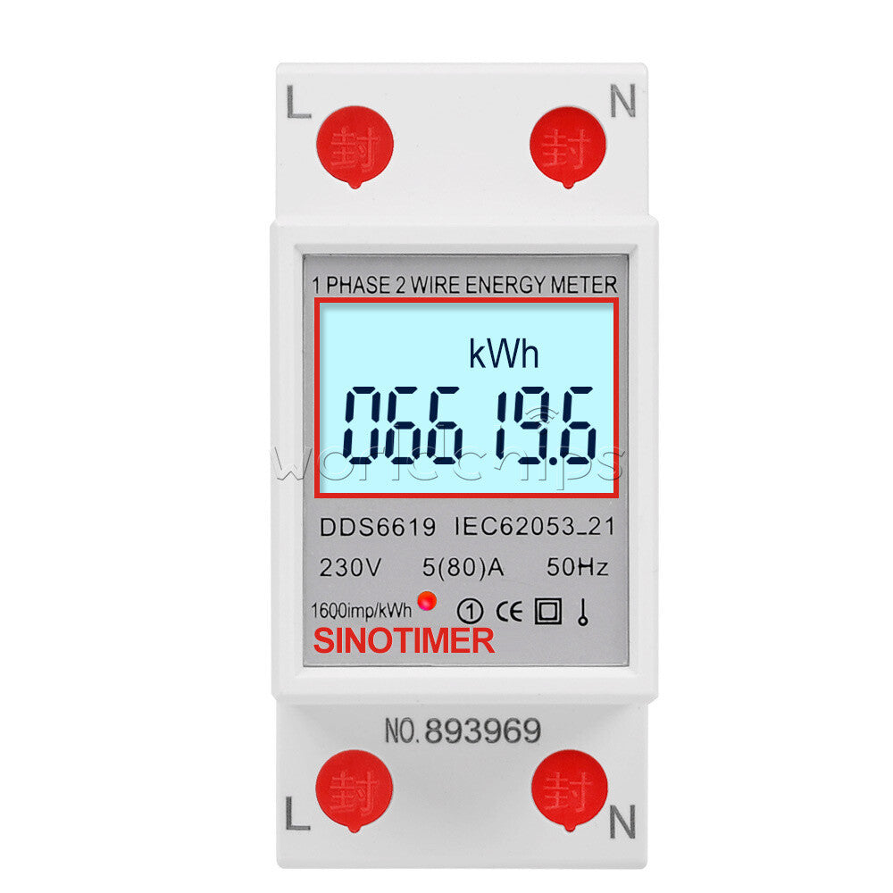 DDS6619 5-80A 230V LCD Digital Single Phase Energy Watt KWh Meter DIN Rail Mount