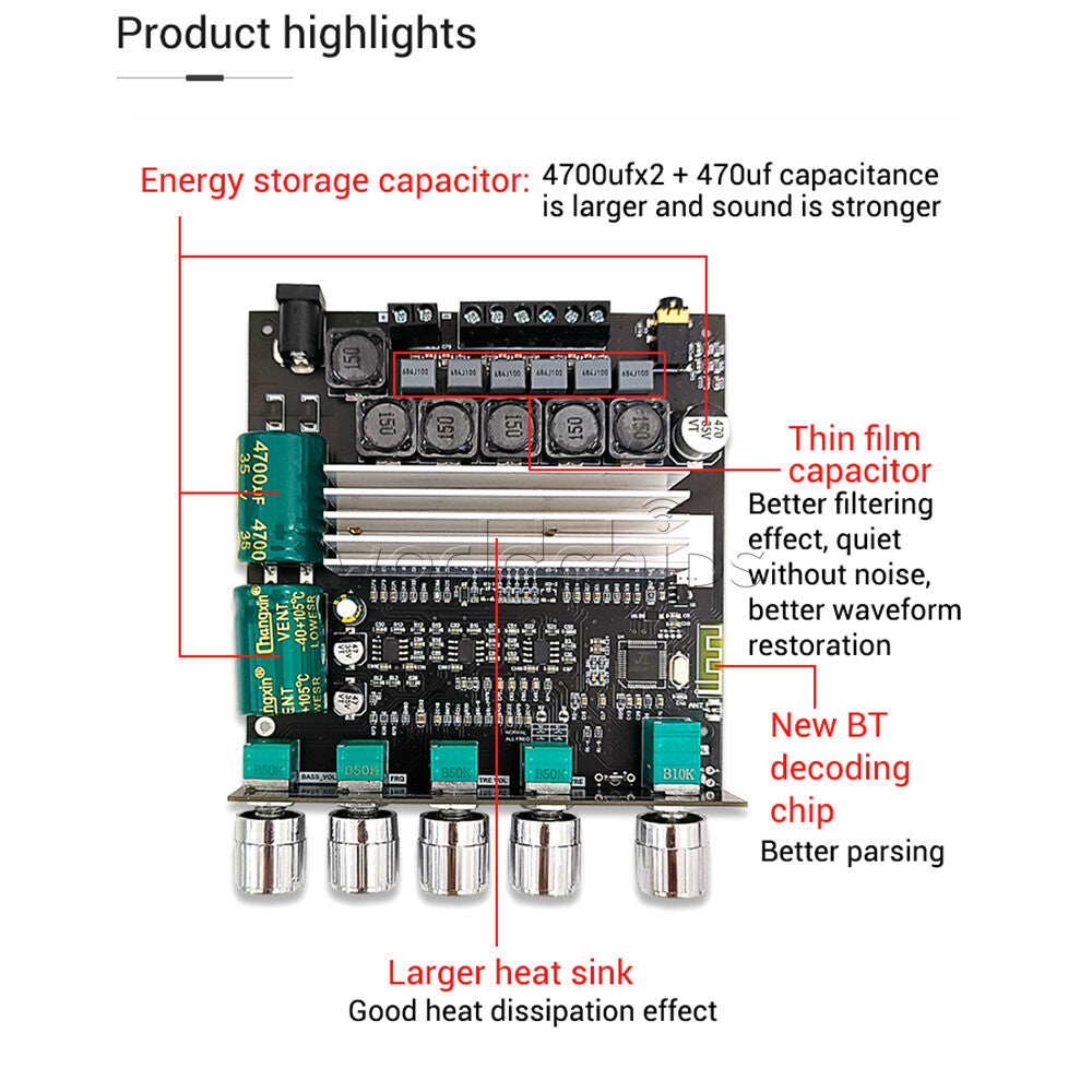 2.1 Channel Bluetooth Audio Power Amplifier Board TWS True Wireless 50WX2+100W