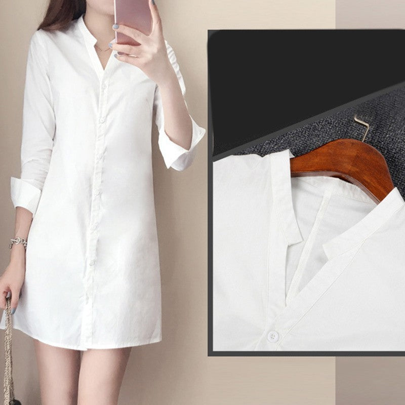 Women Girls Casual White Shirt Long Sleeve V-Neck Slim Fit  for MINI Shirt Dress