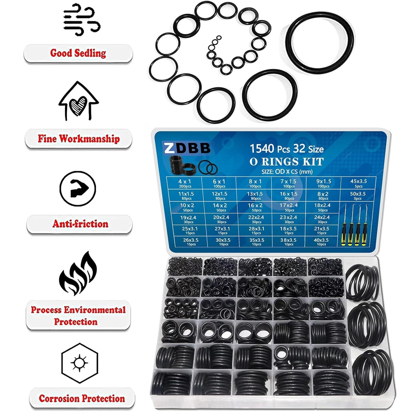 32 Size 1540 Pcs O Rings Assortment Kit Metric Nitrile Rubber Oring Set with 4 P