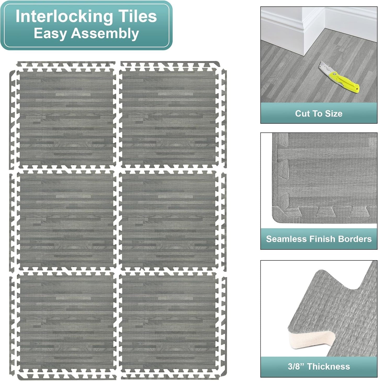 Interlocking Floor Tiles, Wood Grain, EVA Foam, 3/8-Inch Thick