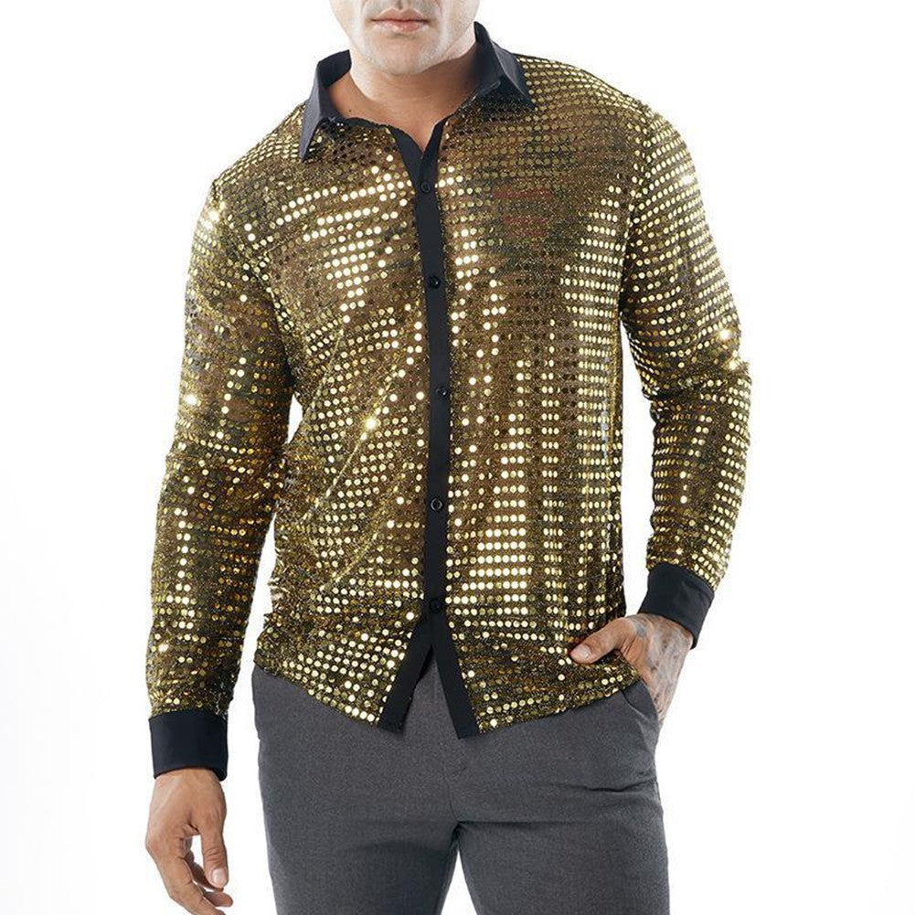 Men's Sparkly Sequin Party Dance Shirts Retro 70s Disco Nightclub Style Tops