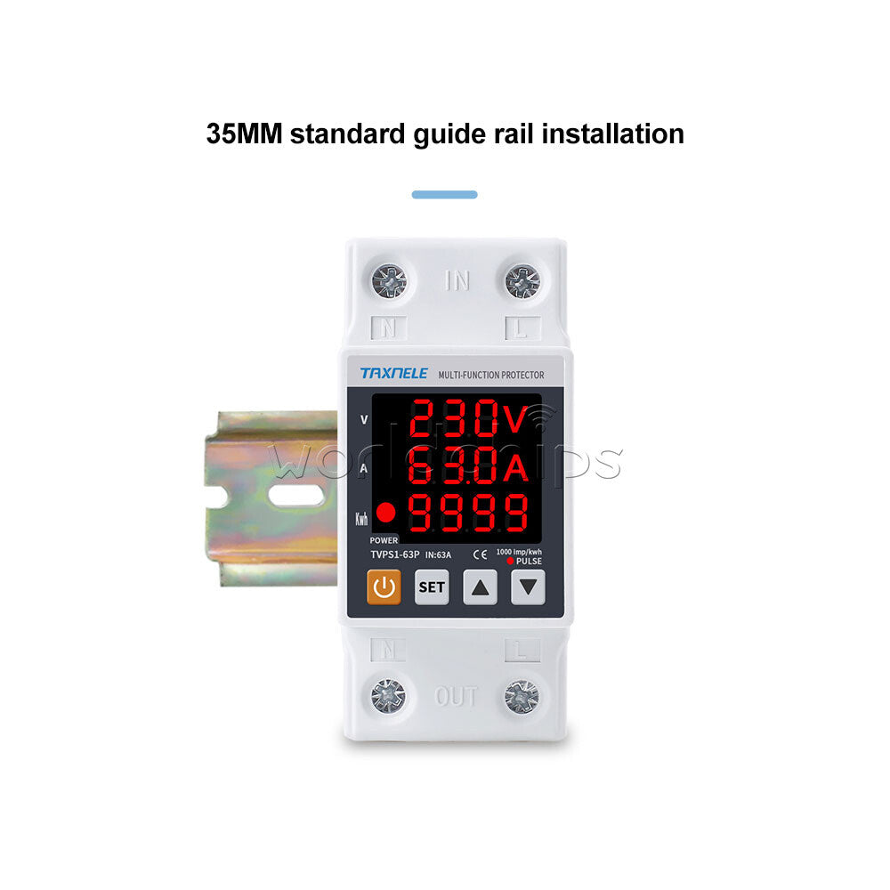 AC230V 63A Digital Din Rail Over Under Voltage Current Protection Energy Meter