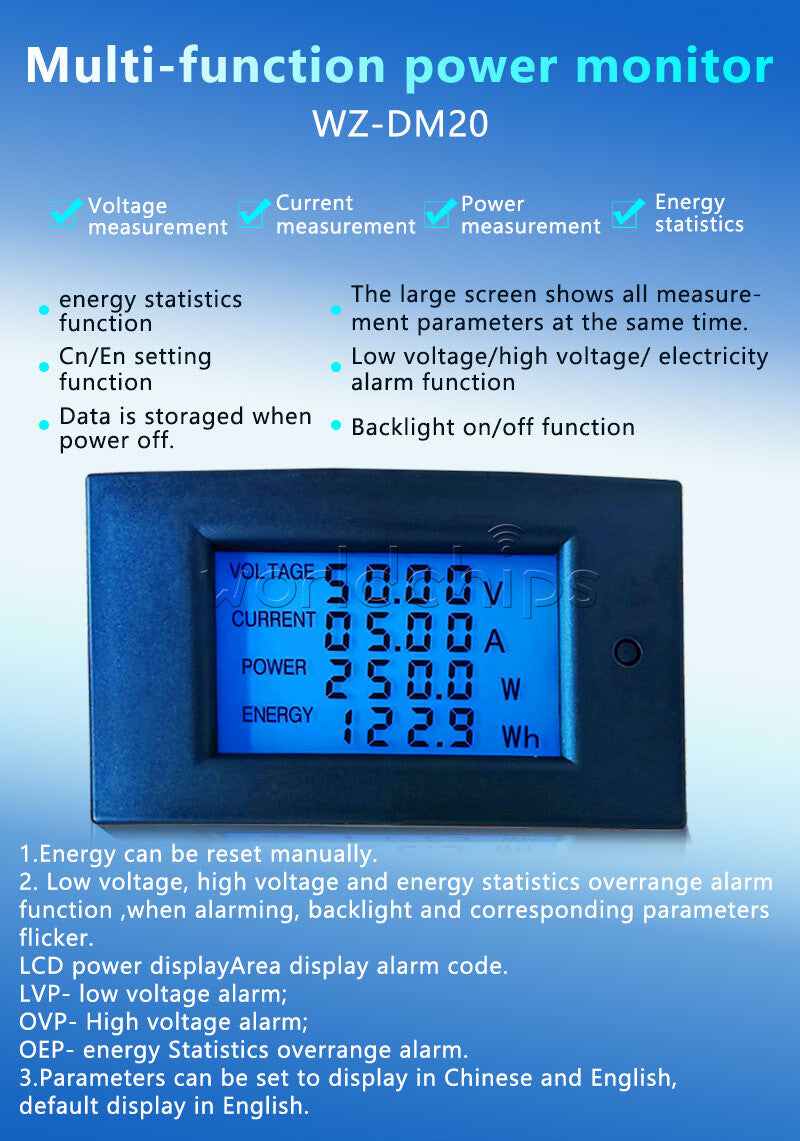 DC Power Monitor Digital Display 100V/20A Voltage Current Power Energy Meter