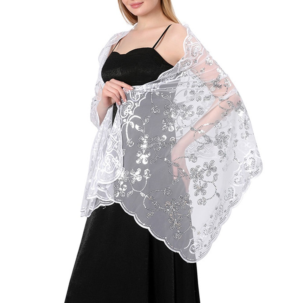 Elegant Sparkly Sequin Sheer Tulle Lace Embroidery Scarf Wrap for Formal Events