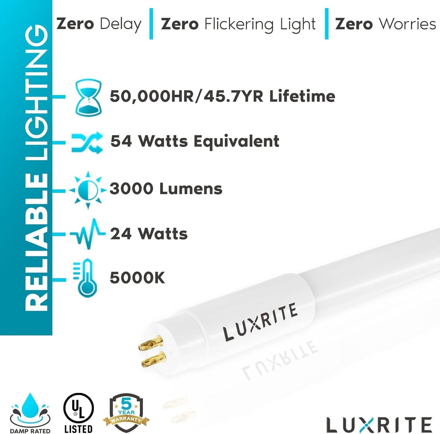12-Pack 4FT T5 LED Tube Lights, 24W=54W, 5000K, Type A+B, Damp Rated