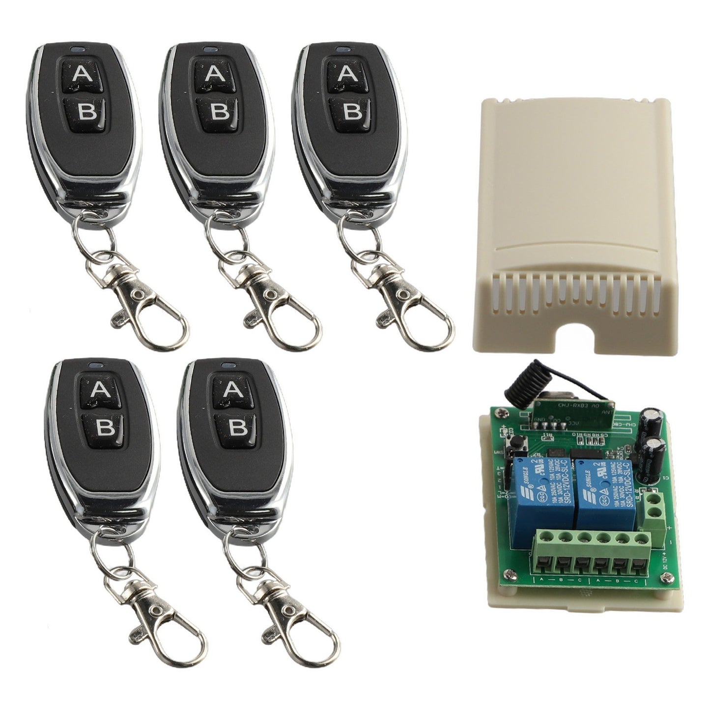 2CH 433MHz Relay 5pcs Wireless Remote Control Switch Transmitter & 1x Receiver