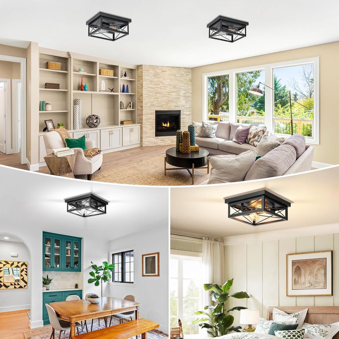 2-Light Industrial Flush Mount Ceiling Fixture, Square, Farmhouse Style, Black