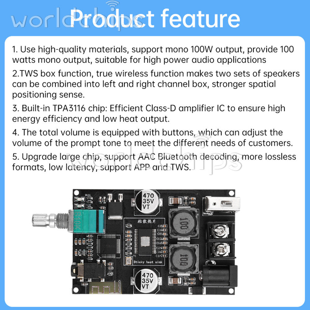 ZK-1001B 100W TPA3116D2 Audio Power Amplifier Bluetooth5.1 TWS Pair Box Function